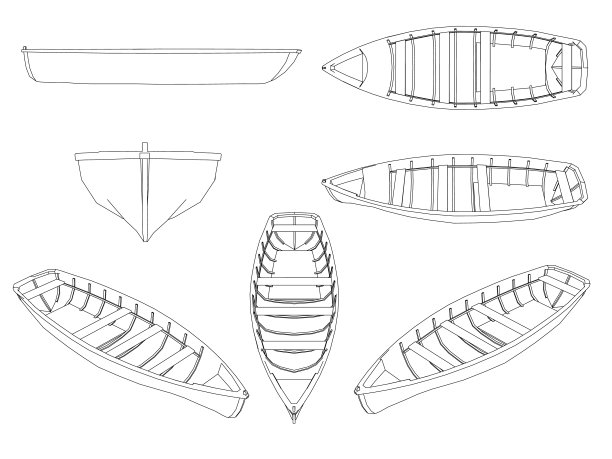 设置木船的轮廓。白底黑线的小船。白色背景上孤立的船只。不同的观点。矢量图图片下载