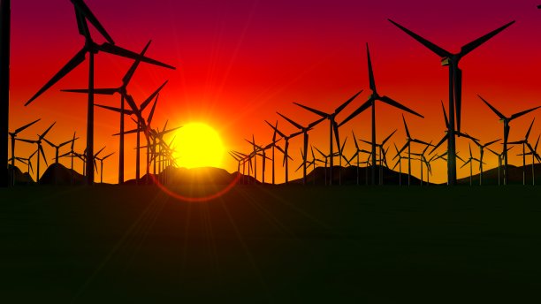 一组涡轮机形成在日落与太阳的背景和红色的天空风电场的正面视图图片下载