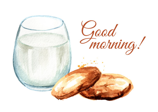 燕麦饼干和一杯牛奶。水彩手绘插图，孤立的白色背景图片下载