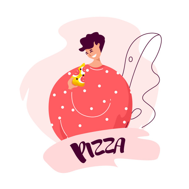 白色背景上的卡通年轻人和一片披萨。矢量快餐横幅在平面线性风格。图片下载
