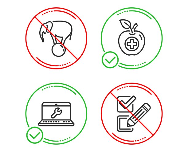 医疗食品，笔记本电脑维修和大象球图标设置。复选框的迹象。向量图片下载