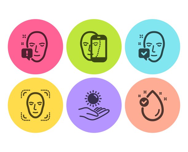 面部接受，防晒和面部注意图标设置。维生素e星座。允许进入，紫外线护理。向量图片下载