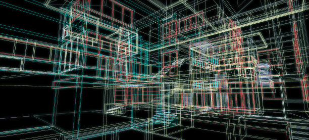 建筑设计概念三维透视线框彩色渲染黑色背景图片下载