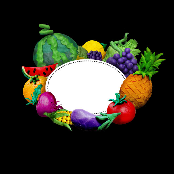 彩色的橡皮泥手工制作的三维水果和蔬菜框架与文本的地方图片下载