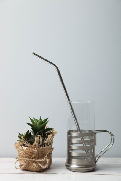 环保，一根钢吸管在玻璃和多汁图片下载