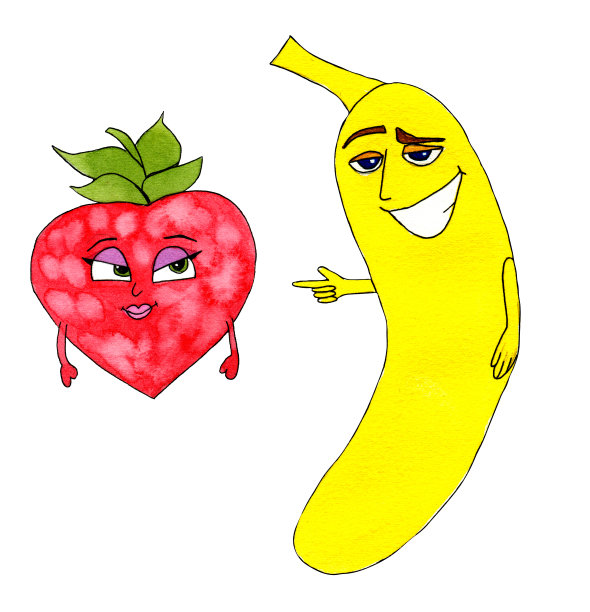 有趣的水果和蔬菜角色在不同的动作情感。手绘水彩插图在纸上孤立的白色背景。快乐的微笑调情香蕉和草莓图片下载