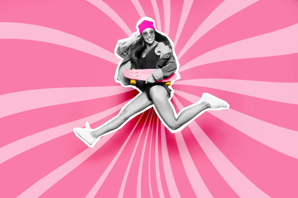 全长身体尺寸侧面轮廓她她的女士滑板funky飞灵活混合成灰色油漆插图运动生活公告牌孤立的涡旋光学阳光粉线绘制背景图片下载