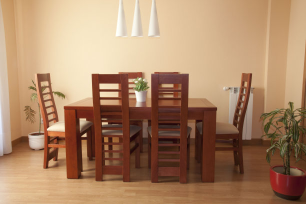 餐厅有椅子，桌子和植物与拼花图片下载