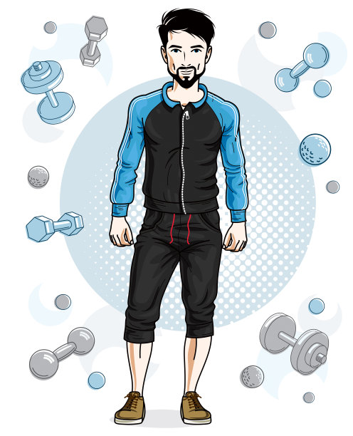 快乐的深色年轻成年男子与胡子是站在简单的背景哑铃和杠铃。矢量性格，运动健身主题。图片下载