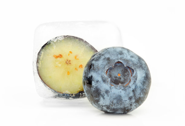 半个蓝莓放在冰块里，白色的背景上，还有一个完整的生蓝莓图片下载