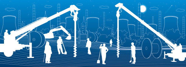 建设工厂。工作的人。工业机械，起重机和推土机。基础设施城市建筑插图。矢量设计艺术图片下载