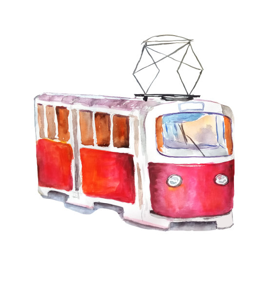 红色有轨电车在水彩风格的白色背景。孤立的图片下载