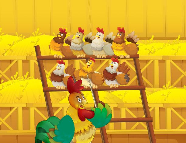 卡通场景与生活在农场与鸡和公鸡在谷仓图片下载