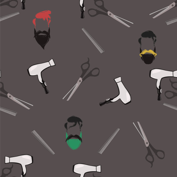 无缝模式的剪刀，吹风机，梳子和潮人的头图片下载