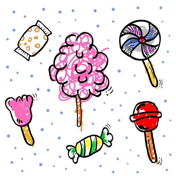 简单手绘，涂鸦填色，蓝粉，棕色，灰色，黄色，绿色的糖果素描图片下载