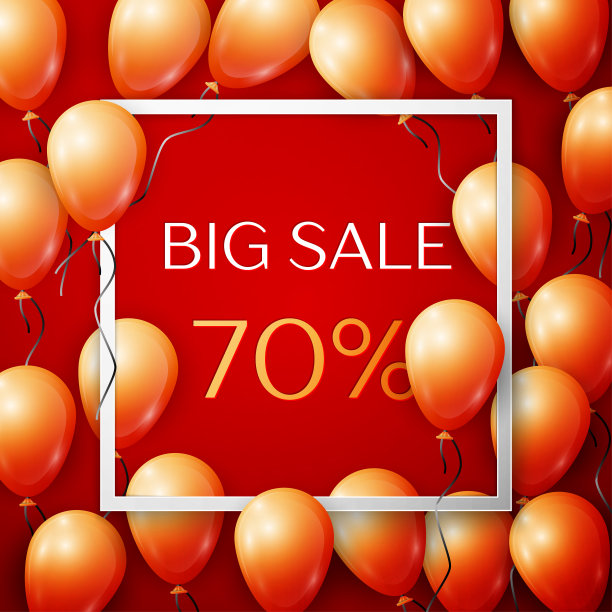 真实的橙色气球与黑色丝带在中心文字大减价70%的折扣在白色方形框架在红色的背景。销售概念购物，移动设备，网上商店。向量图片下载