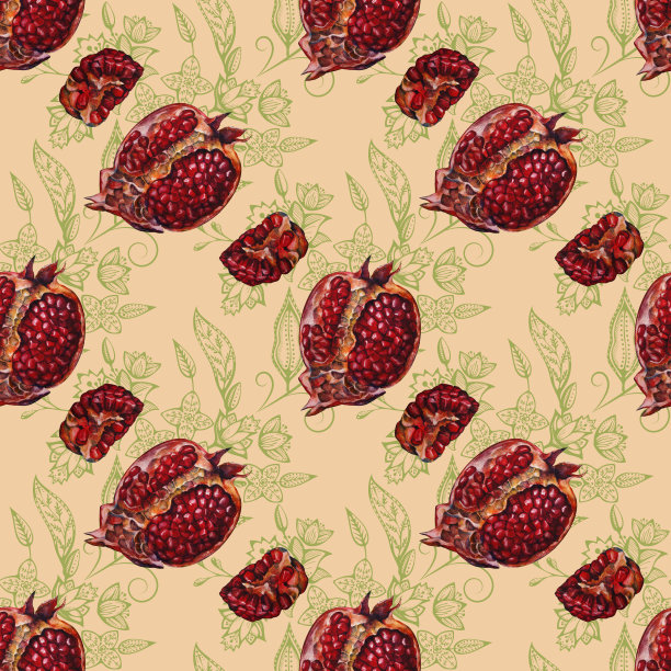 无缝石榴画与图形，图案背景。墙纸或织物设计。图片下载