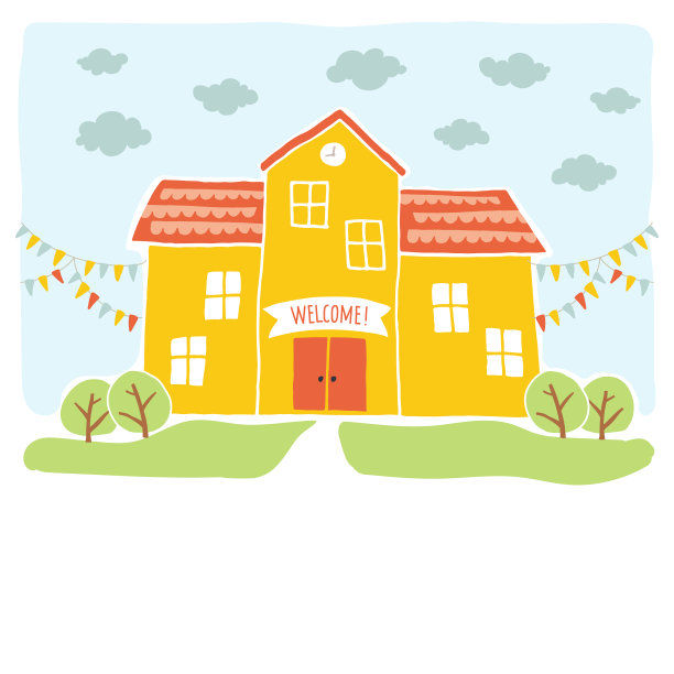 回到学校卡片设计。有趣的卡通手绘学校建筑之上的景观背景。卡通矢量剪辑艺术eps 10插图上的白色背景。手刻字。图片下载