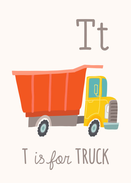 ABC字母卡片。幼儿园字母表海报墙艺术。游戏室的装饰。T代表卡车。色彩鲜艳的玩具卡车。卡通剪贴画eps 10插图孤立的白色背景。图片下载