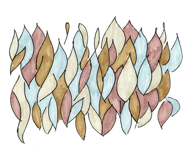 一个简单的背景插图与标记从树叶的蓝色绿色粉色的抽象草图上的白色背景。手工绘制。素材图片