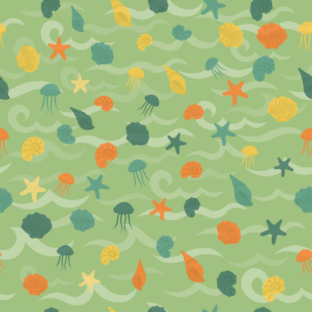 无缝海图案在航海的灵感设计。海背景与贝壳，海星和水母。蓝色的海浪。矢量无缝模式与海洋生物。图片下载