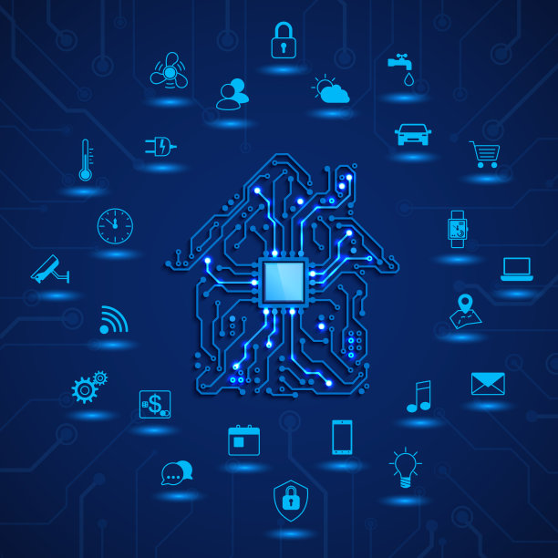 智能房屋或物联网概念。远程监控智能家居。家居电路和智能家居功能图标。矢量插图上的蓝色背景图片下载