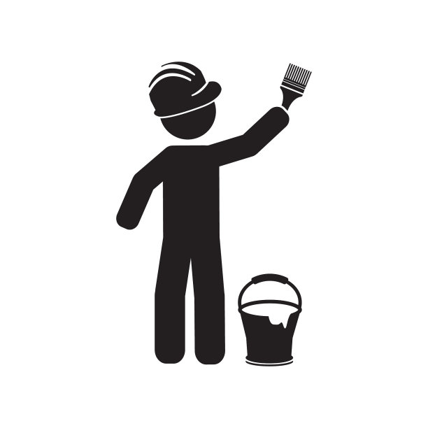 建筑工人绘画时，用油漆刷和木桶矢量图标图片下载