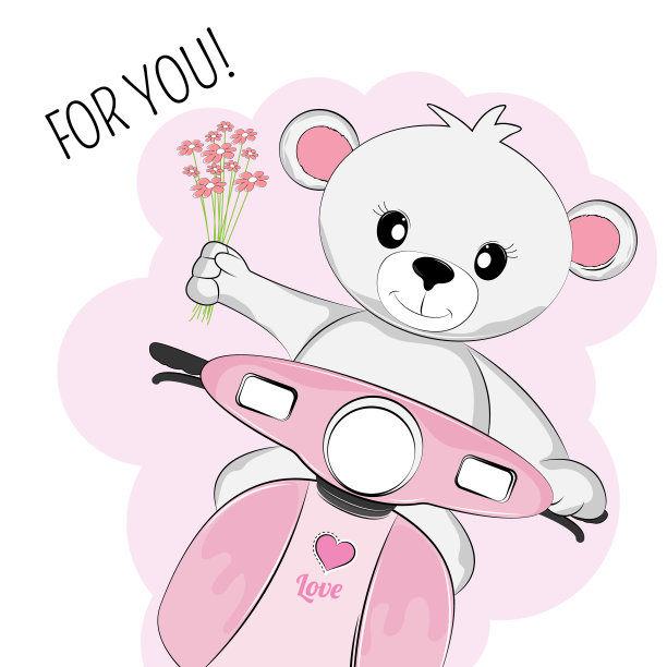 贺卡熊摩托车与花束。图片下载