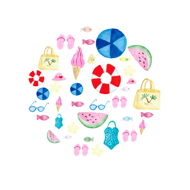 最好的水彩插画假期。沙滩和阳光。在沙滩上刻字图片下载