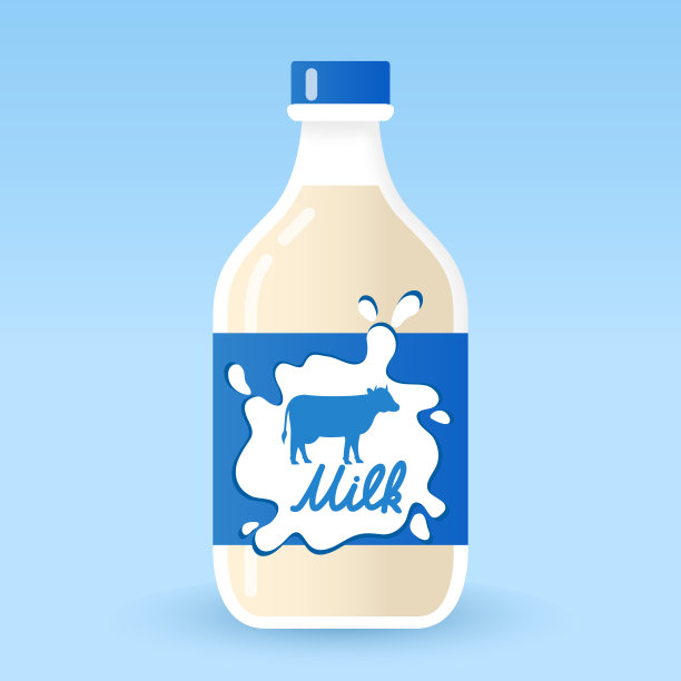 装有天然牛奶的玻璃瓶。牛奶纸盒动物。平面向量。形状手绘字体。图片下载