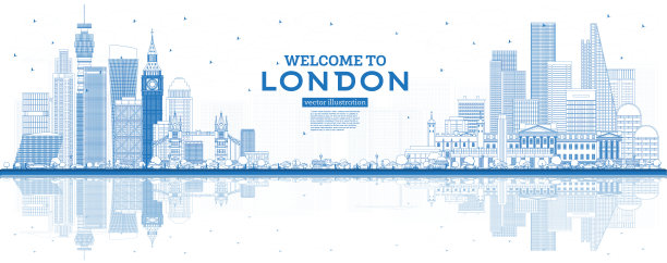 欢迎来到英国伦敦蓝色建筑和倒影的天际线。图片下载