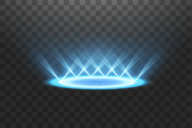 未来传送。神奇的幻想门户。光的效果。蓝色蜡烛的光线与火花在一个透明的背景夜景。空旷的灯光效果的讲台。迪斯科俱乐部舞池。图片下载