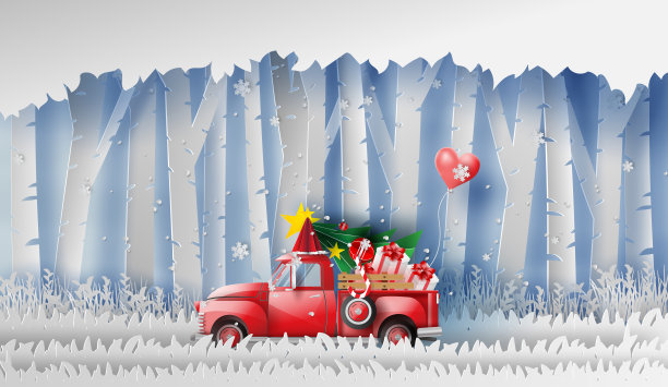 3D插图的纸艺术红色经典皮卡车的礼物，圣诞树和气球冬季森林。新年快乐，圣诞快乐，雪花景观森林在满月，向量。图片下载