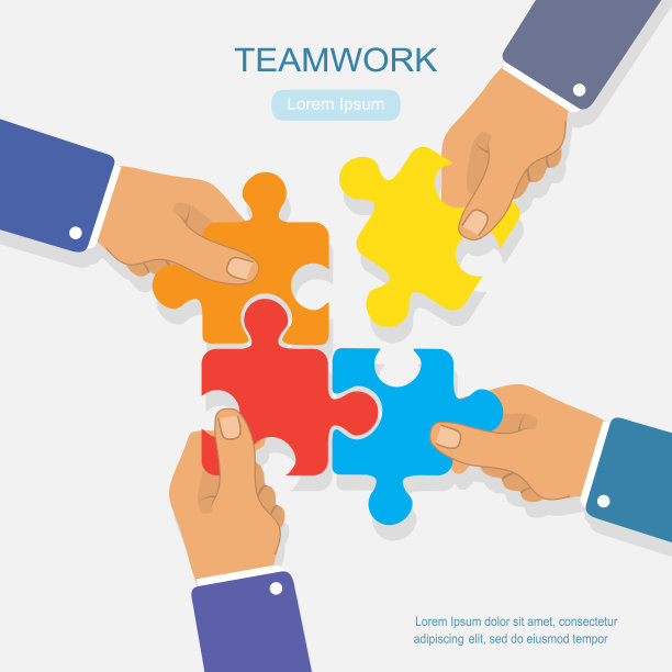 团队合作商业插画概念，商业手连拼图，平面设计矢量插画图片下载