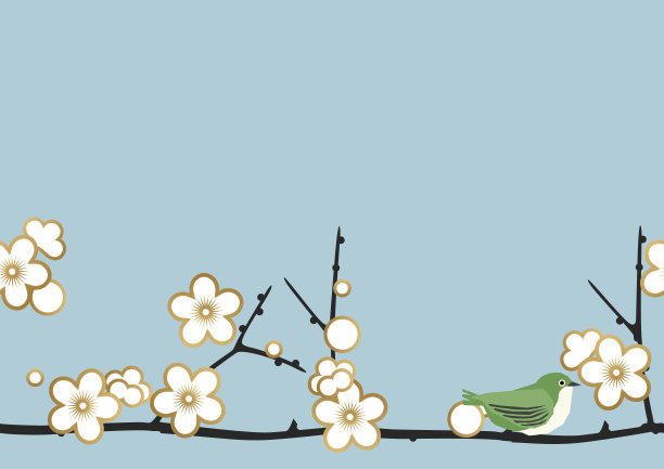 李子和白眼图案。无缝日式图案。春季日本图案。梅花的图片说明。素材图片