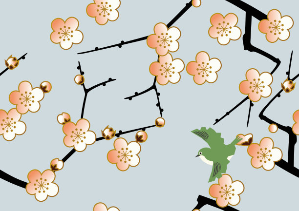 李子和白眼图案。无缝日式图案。春季日本图案。梅花的图片说明。素材图片