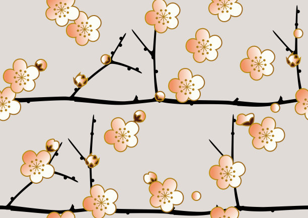 李子和白眼图案。无缝日式图案。春季日本图案。梅花的图片说明。素材图片