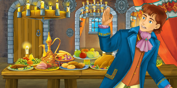 卡通童话场景与王子坐在摆满食物的餐桌旁图片下载