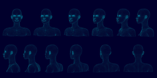 设置与半身像的女孩在不同的位置。线框的多边形女孩头部的蓝色线在一个黑暗的背景。女孩半身像的旋转顺序。3 d。矢量图图片下载
