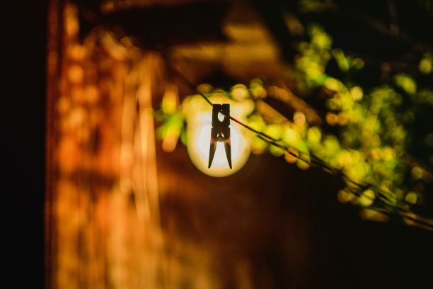 照片取材于生活中的一根松木上的绳索，背景是夜晚灯光下的小村图片下载