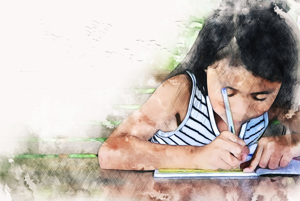 美丽的小女孩写在以水彩插画为背景的书上。图片下载