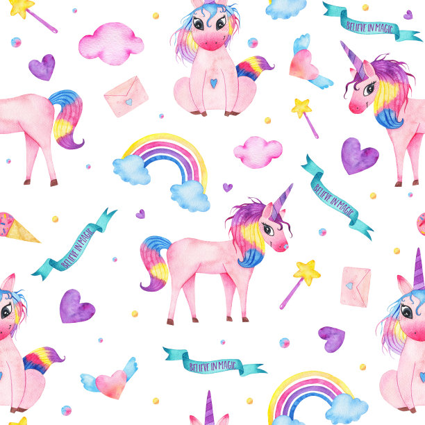 水彩无缝图案与可爱的独角兽、魔棒、彩虹、云朵隔离素材图片