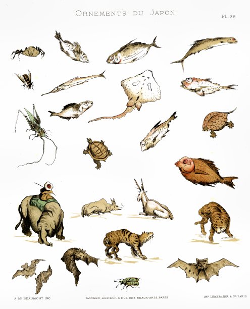 鱼和动物。来自日本的装饰品1883年图片下载