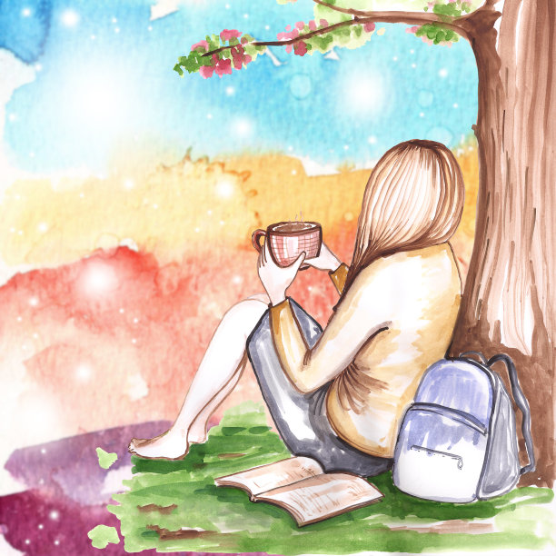 水彩画的风景梦的观点的女孩喝咖啡图片下载