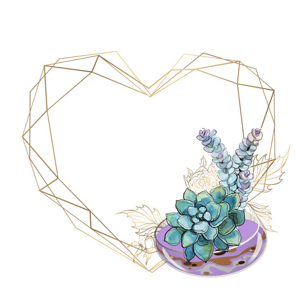 心形的金色框架和一束多肉植物。图片下载
