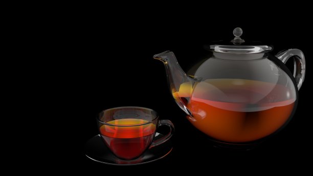 正面的观点，一个玻璃茶壶和一个杯子满茶在玻璃碟上的黑色背景图片下载