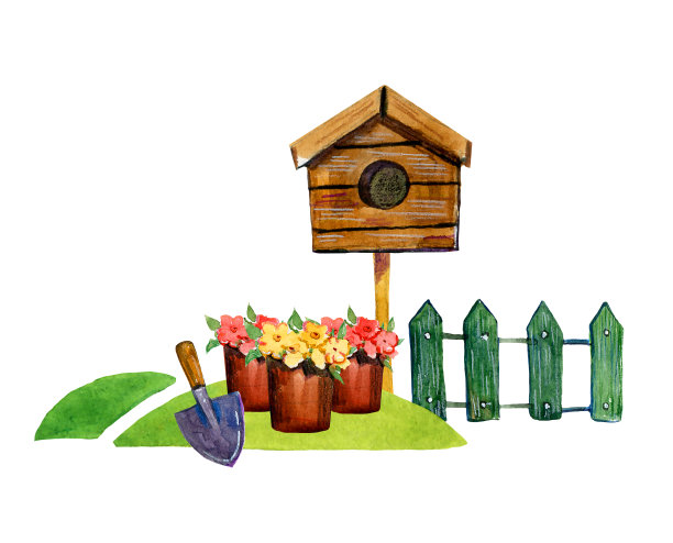 手绘水彩鸟笼，篱笆，花盆和铲子图片下载