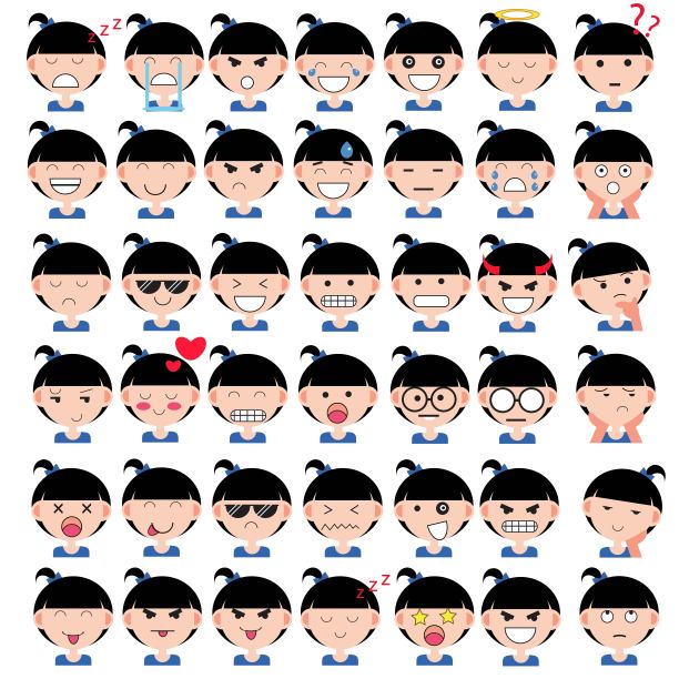 亚洲可爱女孩的脸显示不同的情绪。喜悦，悲伤，愤怒，说话，滑稽，恐惧，微笑。孤立的插图在白色的背景。图片下载