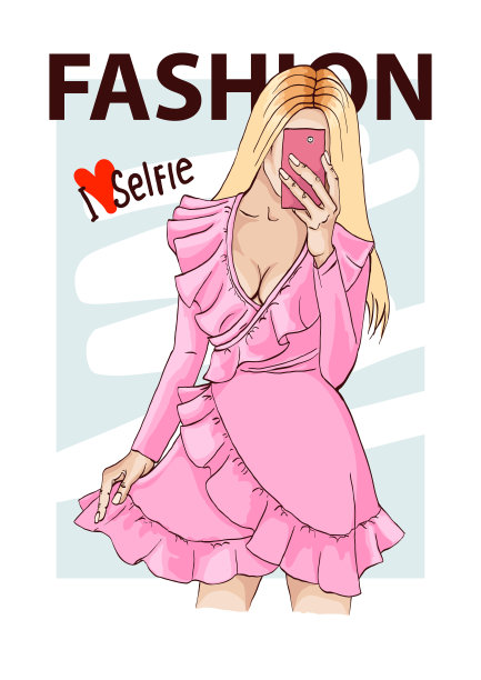 漂亮的女孩在时尚连衣裙上自拍手机素材图片