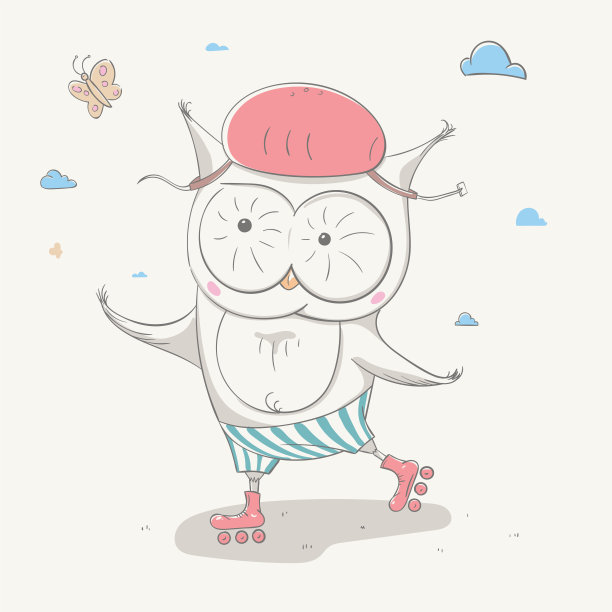 可爱可爱的小猫头鹰戴着头盔追逐着滚轴上的蝴蝶。漂亮的卡通动物。图片下载